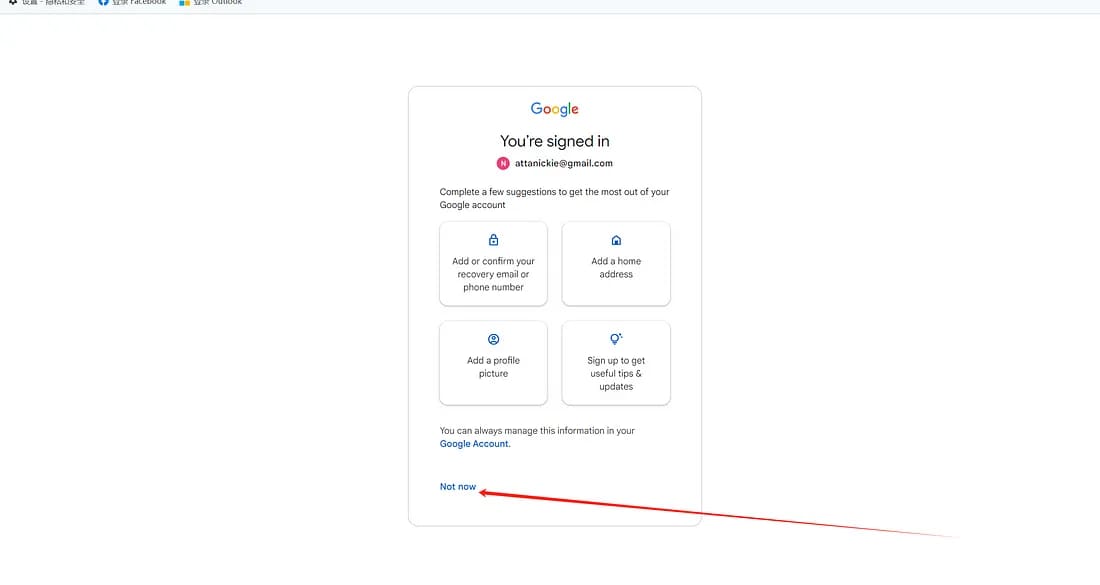 验证成功后检查Google账号安全信息;示例账号资料已遮挡。