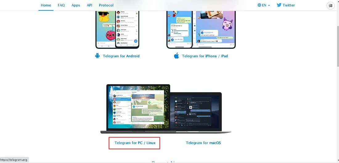 打开Telegram官网并选择Telegram for PC / Linux。