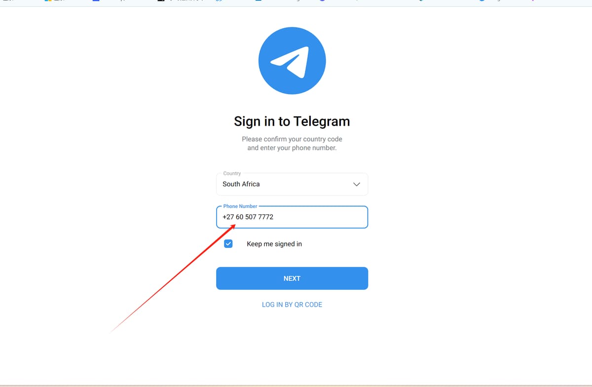 在Telegram官方网页版输入包含国家区号的完整手机号；示例号码已遮挡。